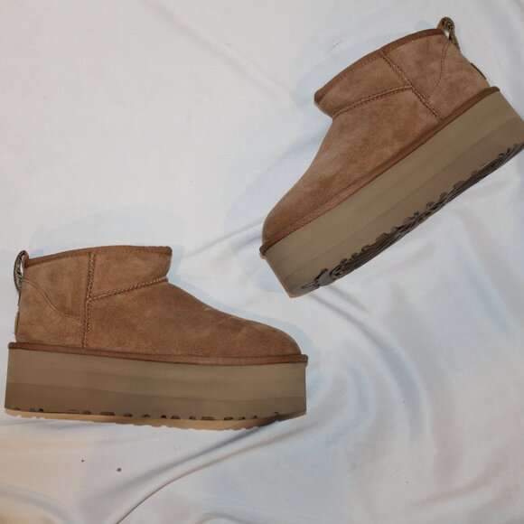 NEW UGG WOMEN'S ULTRA MINI PLATFORM SUEDE SHEARLING LINED BOOTIES CHESTNUT - Picture 4 of 8